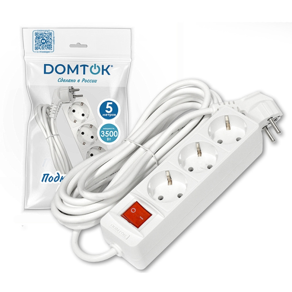 Удлинитель бытовой DOMTOK (2382) 3 места 5м 3500Вт З/К выкл. ПВС 3*1