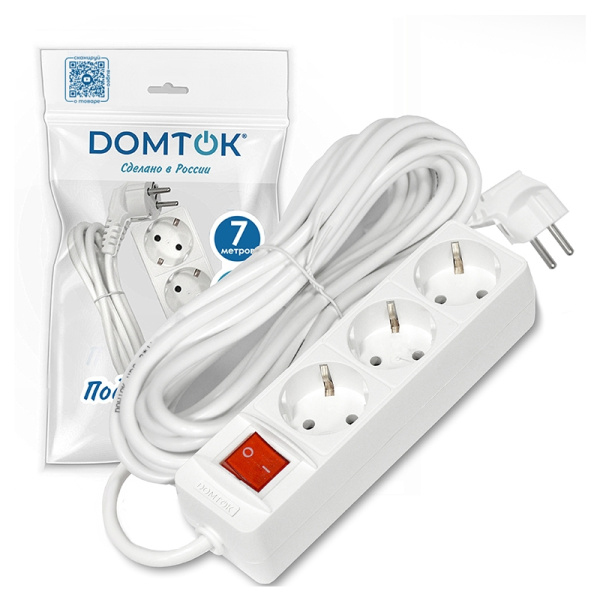 Удлинитель бытовой DOMTOK (2383) 3 места 7м 3500Вт З/К выкл. ПВС 3*1