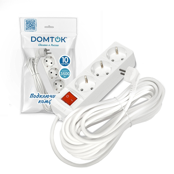 Удлинитель бытовой DOMTOK (2380) 3 места 10м 3500Вт З/К выкл. ПВС 3*1