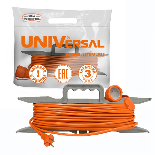 Удлинитель-шнур (на рамке) UNIVersal (9632793) 1 место 30м 10А 2200Вт IP54 ПВС 2*1 