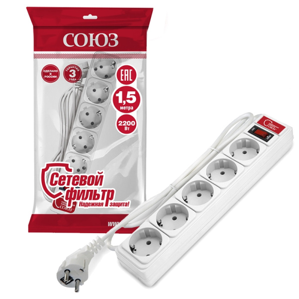 Сетевой фильтр СОЮЗ (1324) 5 мест 1,5м З/К выкл. белый ПВС 3*0,75 