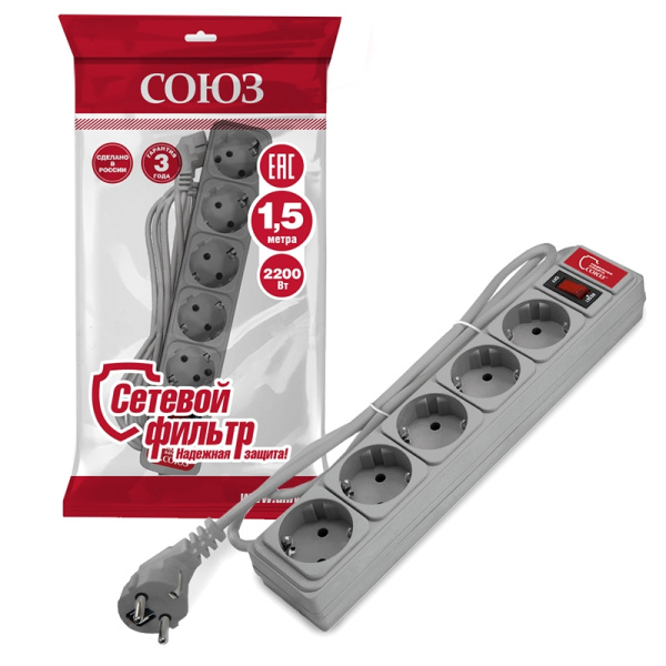 Сетевой фильтр СОЮЗ (1328) 5 мест 1,5м З/К выкл. серый ПВС 3*0,75 