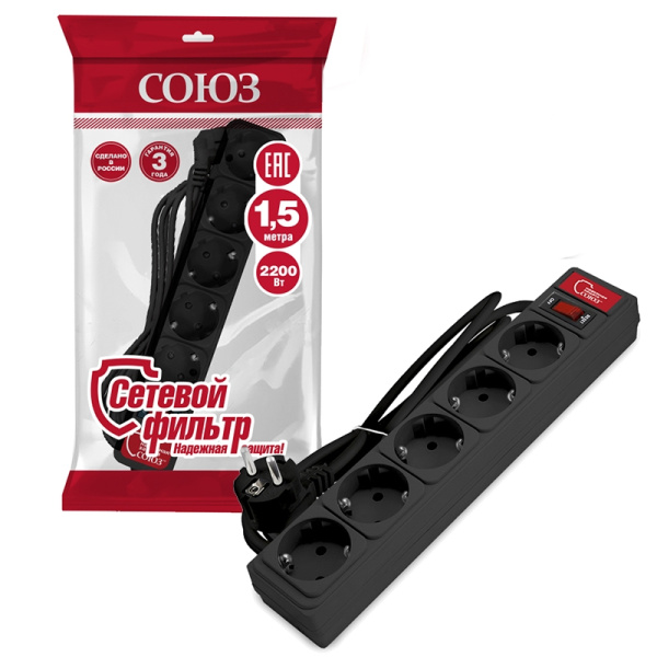 Сетевой фильтр СОЮЗ (1335) 5 мест 1,5м З/К выкл. черный ПВС 3*0,75 