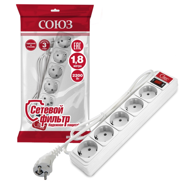 Сетевой фильтр СОЮЗ (1340) 5 мест 1,8м З/К выкл. белый ПВС 3*0,75 