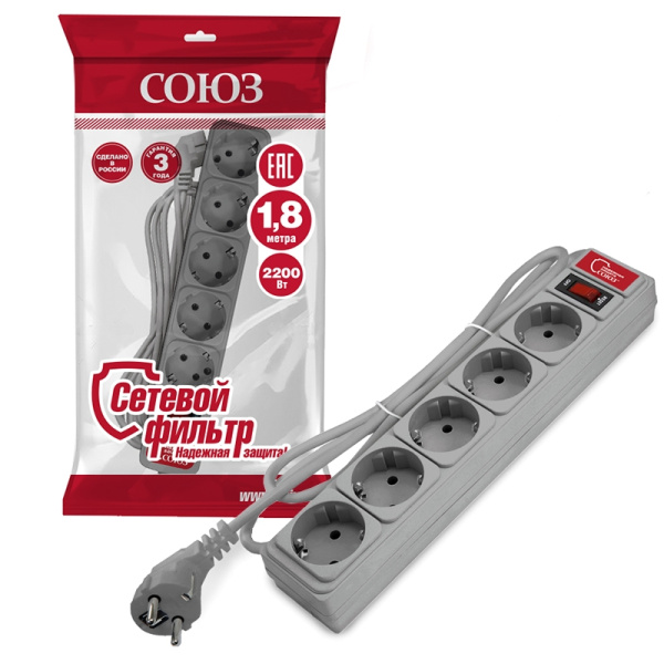 Сетевой фильтр СОЮЗ (1341) 5 мест 1,8м З/К выкл. серый ПВС 3*0,75 