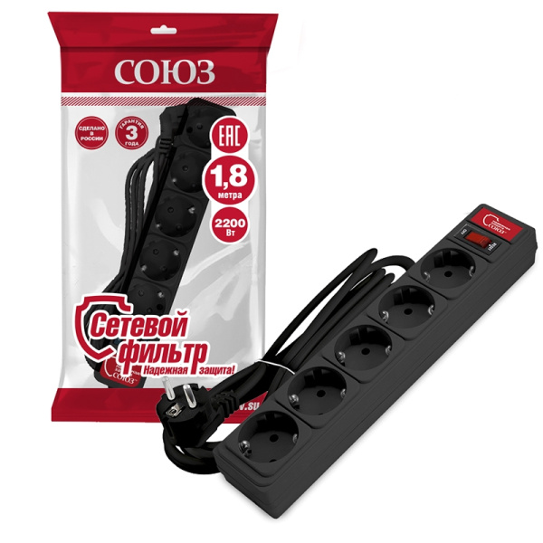 Сетевой фильтр СОЮЗ (1342) 5 мест 1,8м З/К выкл. черный ПВС 3*0,75 