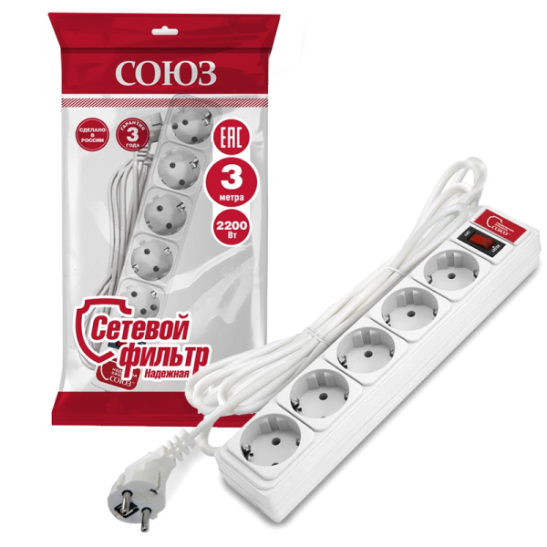 Сетевой фильтр СОЮЗ (1325) 5 мест 3м З/К выкл. белый ПВС 3*0,75 