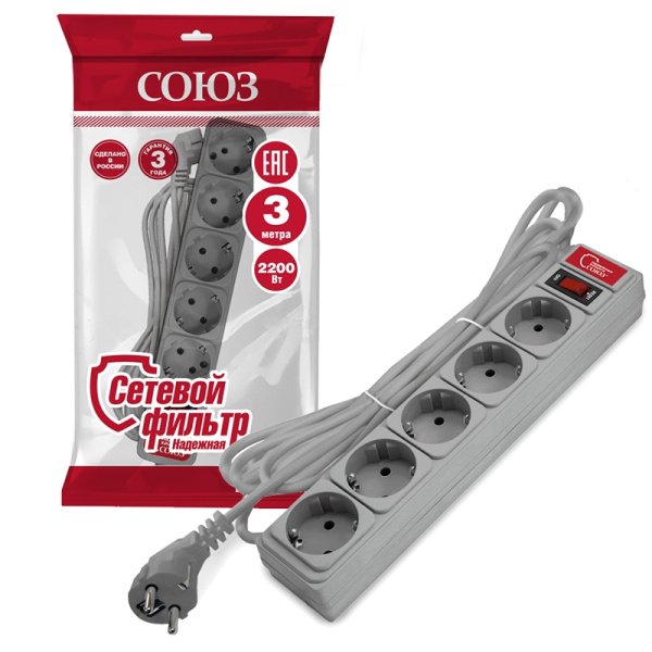 Сетевой фильтр СОЮЗ (1329) 5 мест 3м З/К выкл. серый ПВС 3*0,75 