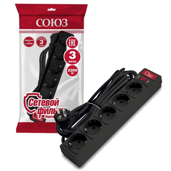 Сетевой фильтр СОЮЗ (1336) 5 мест 3м З/К выкл. черный ПВС 3*0,75 