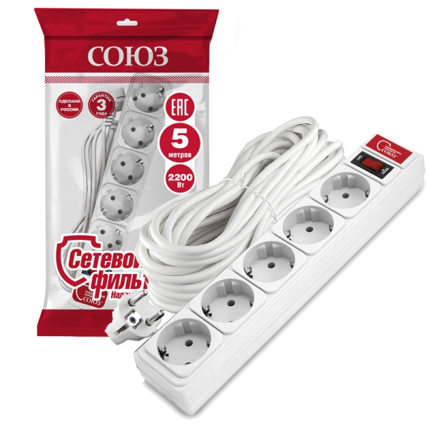 Сетевой фильтр СОЮЗ (1327) 5 мест 5м З/К выкл. белый ПВС 3*0,75 