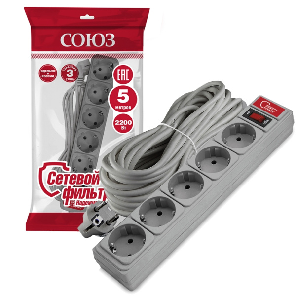 Сетевой фильтр СОЮЗ (1330) 5 мест 5м З/К выкл. серый ПВС 3*0,75 