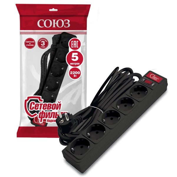 Сетевой фильтр СОЮЗ (1337) 5 мест 5м З/К выкл. черный ПВС 3*0,75 