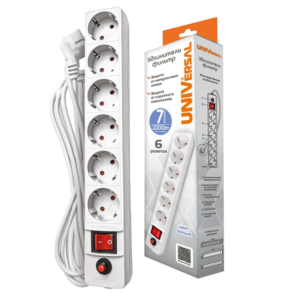 Сетевой фильтр UNIVersal (967U-3007) 6 мест 7м З/К выкл. белый ПВС 3*0,75