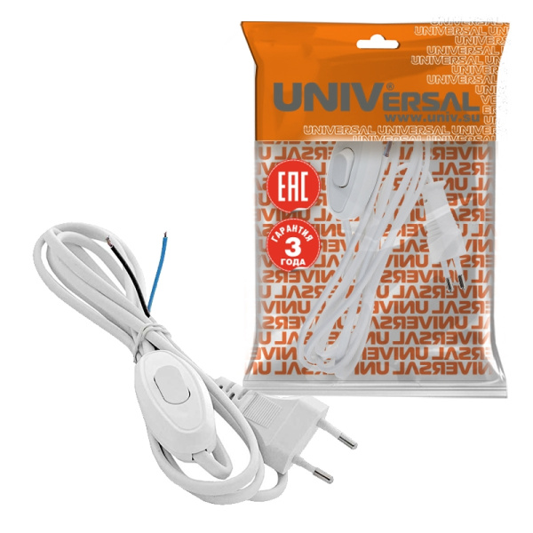 Шнур для бра UNIVersal (А1060) белый с выключателем и вилкой 1,7м ШВВП 2*0,75 