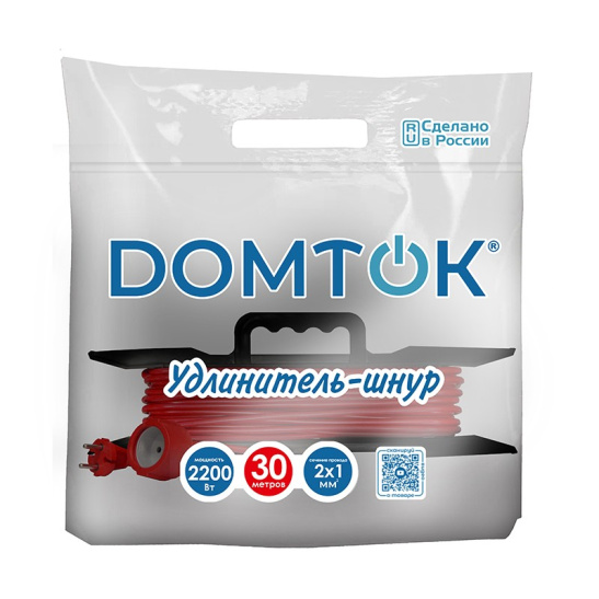 Удлинитель-шнур (на рамке) DOMTOK (2475) 1 место 30м 10А 2200Вт IP54 ПВС 2*1 