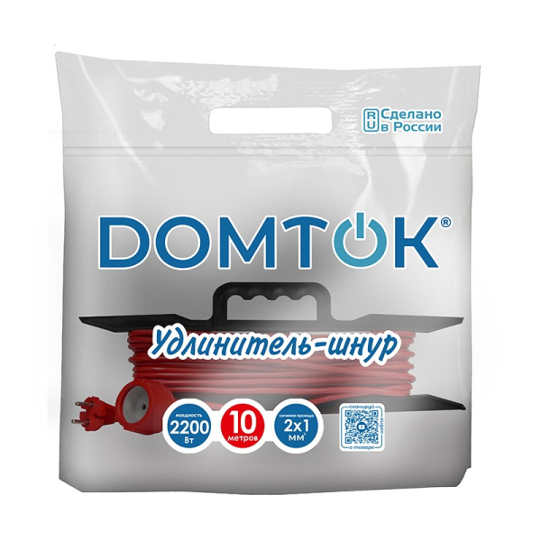 Удлинитель-шнур (на рамке) DOMTOK (2473) 1 место 10м 10А 2200Вт IP54 ПВС 2*1 