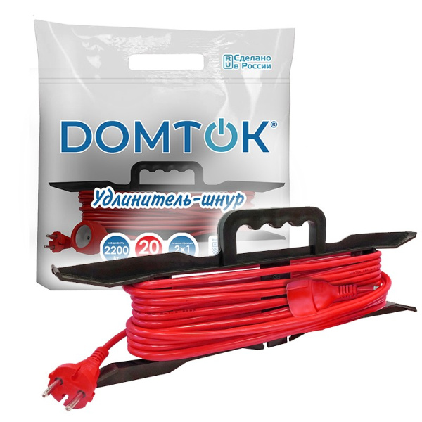 Удлинитель-шнур (на рамке) DOMTOK (2474) 1 место 20м 10А 2200Вт IP54 ПВС 2*1 
