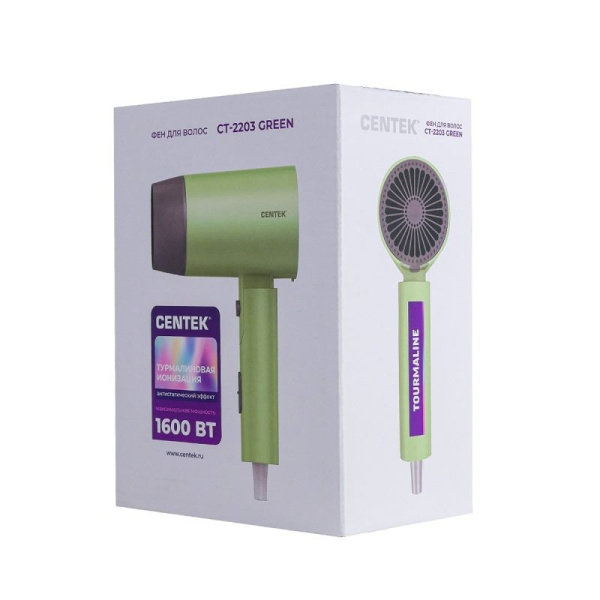 Фен Centek CT-2203 (зеленый) 2 режима, 3 скорости, 1600 Вт, турмалиновая ионизация