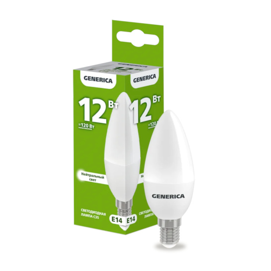 Лампа светодиодная GENERICA C35 (свеча) 12 Вт E14 6500К 1200 Лм 220в (LL-C35-12-230-65-E14-G)