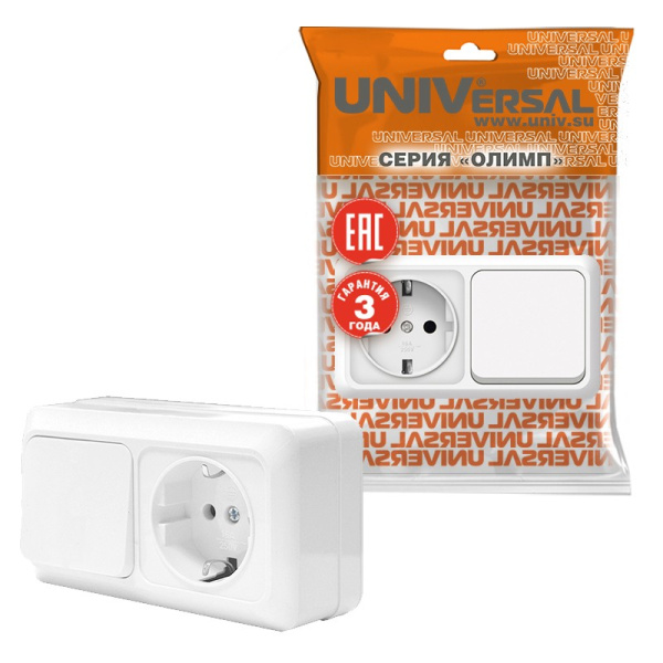 Блок "ОЛИМП" (O0032) (Выкл 1КЛ и Розетка 1-ая з/к) белый УНИВЕРСАЛ 
