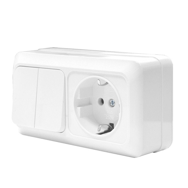 Блок "ОЛИМП" (O0033) (Выкл 2КЛ и Розетка 1-ая з/к) белый УНИВЕРСАЛ 