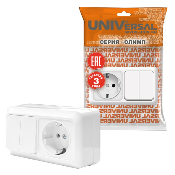Блок "ОЛИМП" (O0033) (Выкл 2КЛ и Розетка 1-ая з/к) белый УНИВЕРСАЛ 
