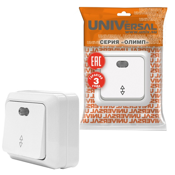 Выключатель "ОЛИМП" (О0125) 1КЛ проходной с подсветкой белый УНИВЕРСАЛ 