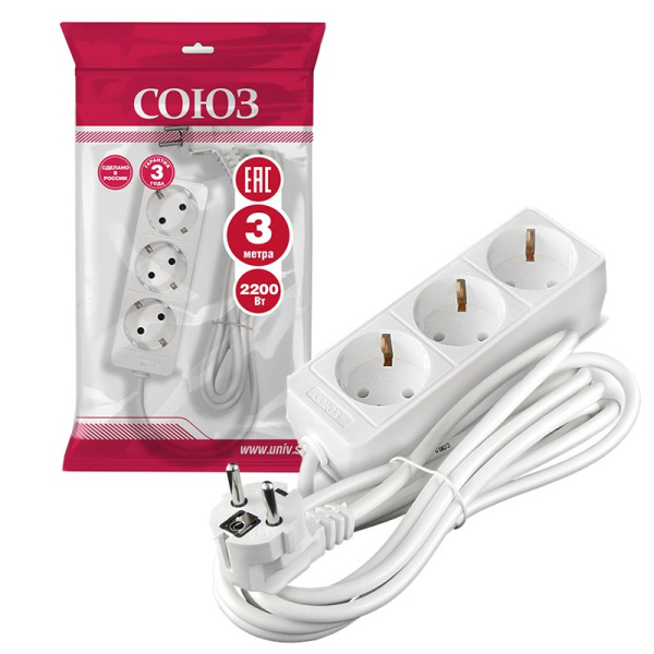 Удлинитель бытовой СОЮЗ (481S-9303) 3 места 3м З/К 2200Вт ПВС