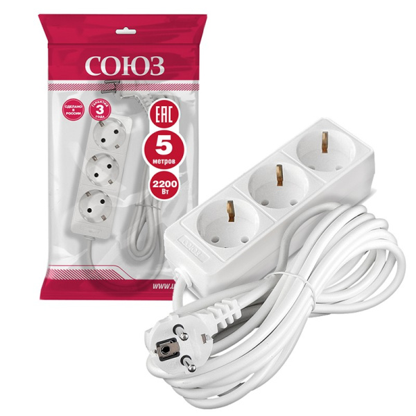 Удлинитель бытовой СОЮЗ (481S-9305) 3 места 5м З/К 2200Вт ПВС