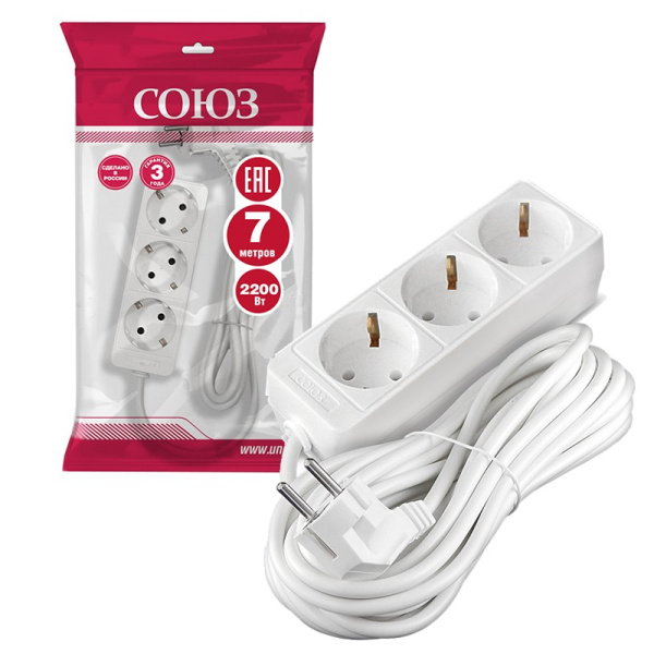 Удлинитель бытовой СОЮЗ (481S-9307) 3 места 7м З/К 2200Вт ПВС