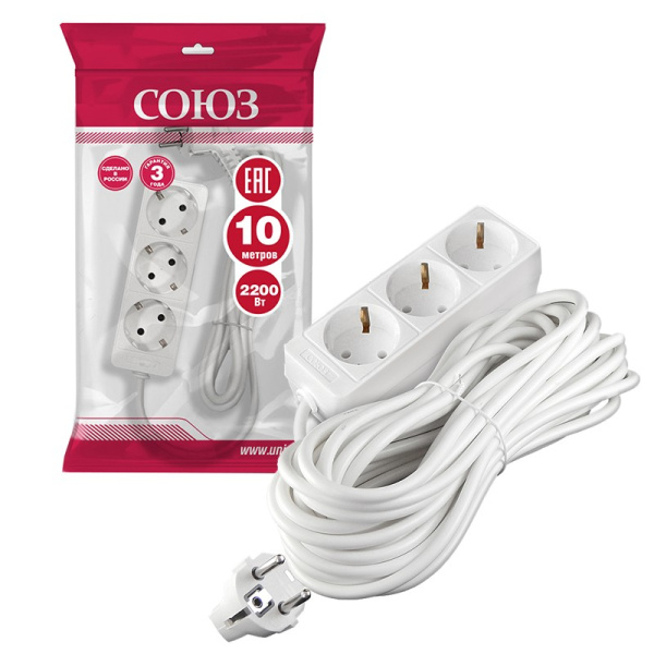 Удлинитель бытовой СОЮЗ (481S-9310) 3 места 10м З/К 2200Вт ПВС