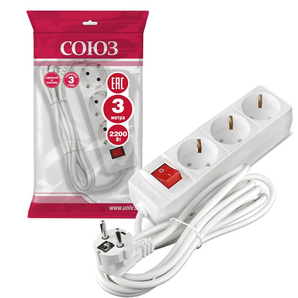 Удлинитель бытовой СОЮЗ (481S-7303) 3 места 3м З/К выкл. 2200Вт ПВС