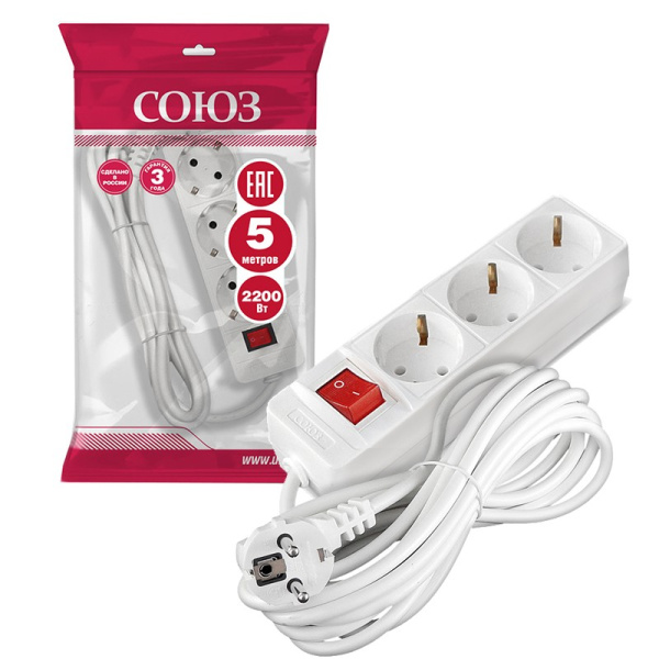 Удлинитель бытовой СОЮЗ (481S-7305) 3 места 5м З/К выкл. 2200Вт ПВС