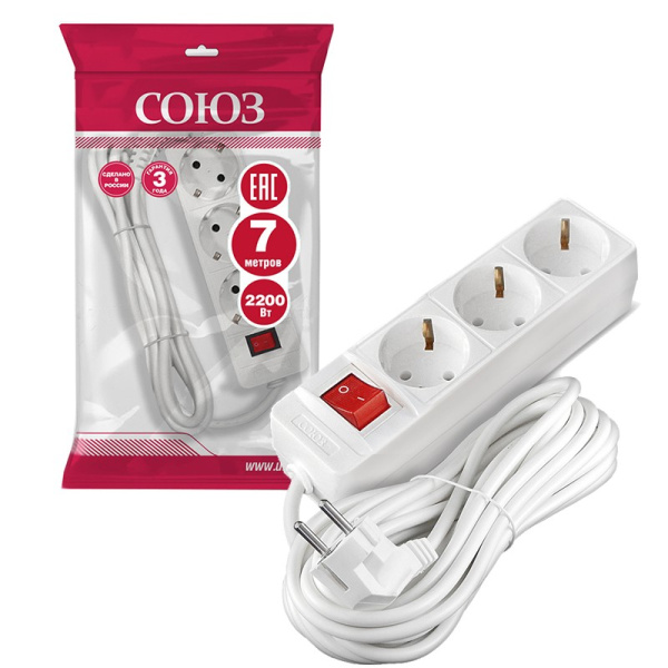 Удлинитель бытовой СОЮЗ (481S-7307) 3 места 7м З/К выкл. 2200Вт ПВС