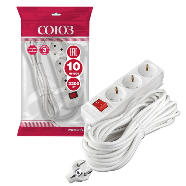 Удлинитель бытовой СОЮЗ (481S-7310) 3 места 10м З/К выкл. 2200Вт ПВС