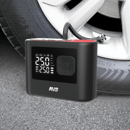 Автокомпрессор (18 л/мин, до 10 атм.) БЕСПРОВОДНОЙ + фонарь + Power bank 4500 мАч ("KA1545C") ("AVS") (насос шинный электрический) A85504S