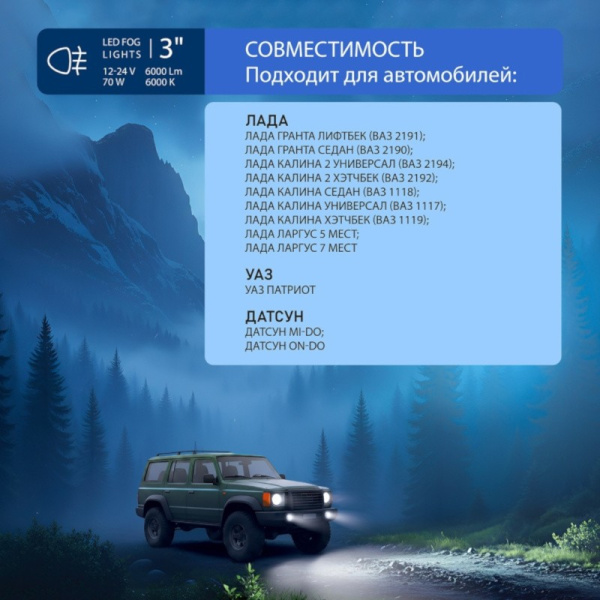 Фары светодиодные (к-т 2 шт.), ЛИНЗЫ (12/24В.) ярко-белый, IP67, разъем Н11, 60Вт., 6000 Lm (ВАЗ Ларгус, Гранта, Калина 2; УАЗ Патриот ("AVS") PF-304L (43182)