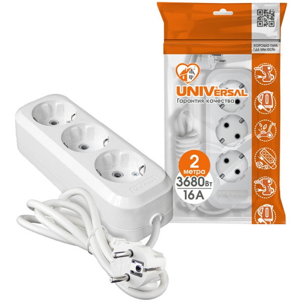 Удлинитель бытовой UNIVersal Е-303 (9631976) 3 места 2м З/К 13А белый ПВС 3*1мм