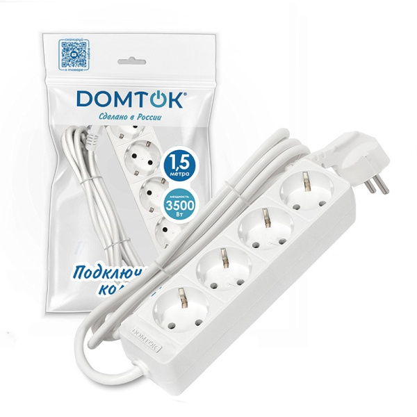 Удлинитель бытовой DOMTOK (2394) 4 места 1,5м 3500Вт З/К ПВС 3*1