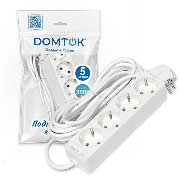 Удлинитель бытовой DOMTOK (2397) 4 места 5м 3500Вт З/К ПВС 3*1