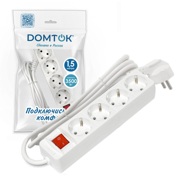 Удлинитель бытовой DOMTOK (2374) 4 места 1,5м 3500Вт З/К выкл. ПВС 3*1
