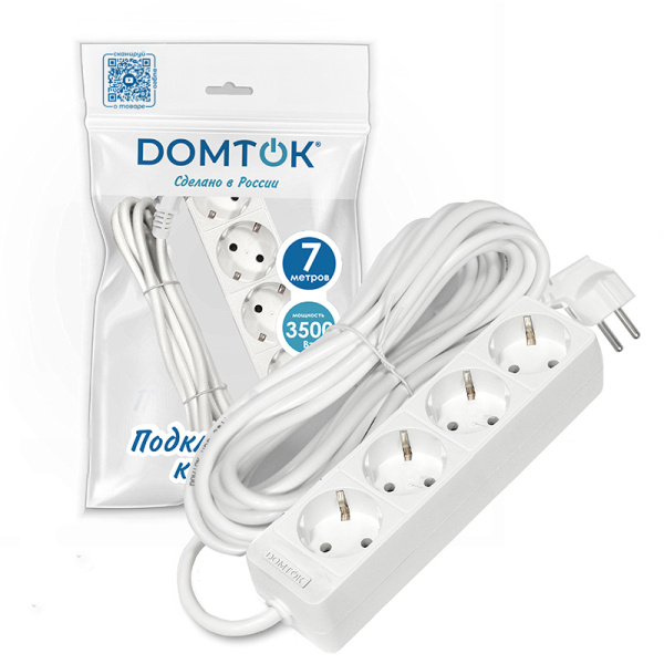 Удлинитель бытовой DOMTOK (2395) 4 места 10м 3500Вт З/К ПВС 3*1