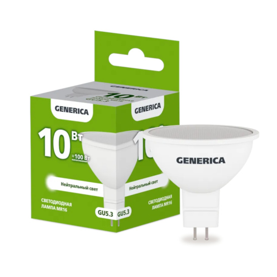 Лампа светодиодная GENERICA MR16 (рефлектор) 10 Вт GU5.3 4000К 1000 Лм 220в (LL-MR16-10-230-40-GU5-G)