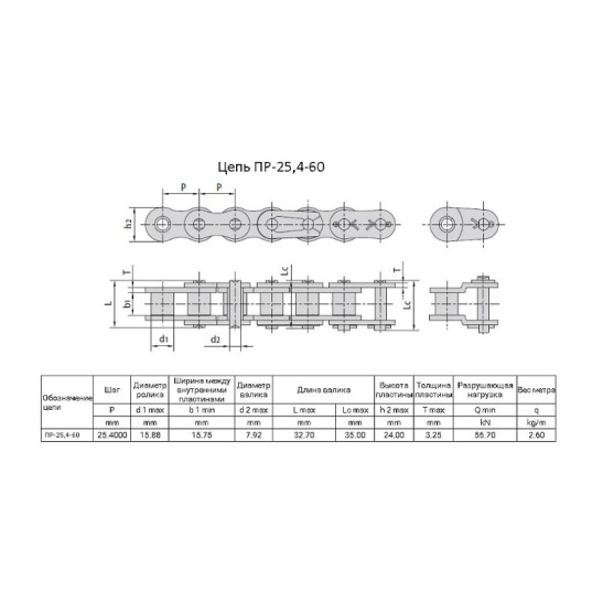 Цепь ПР-25,4-6000 L=3.000м (n=120 звен.) роликовая однорядная